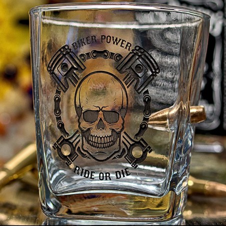 Schwarz Graviertes Rocker Whiskyglas für Motorradfahrer mit Kugel cal.308  und als Option Wunsch Name