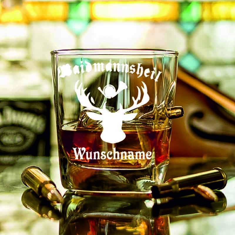 Geschenk für Jäger-TrinkGlas mit Patrone und Gravur-Waidmannsheil-